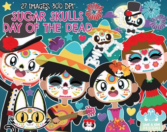 Sugar Skulls Day of the Dead Clipart, Black and White, Digital Stamps, Dia de los Muertos, Mexican Party, Cinco De Mayo, Cat, Skeleton