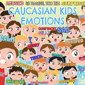 Caucasian Kids Emotions Clipart, Black and White, Digital Stamps,  Facial Expressions, Kids Faces, Happy, Sad, Children Body language