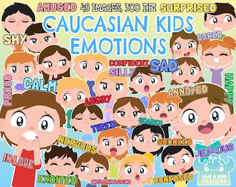 Caucasian Kids Emotions Clipart, Instant Download, Facial Expressions, Kids Faces, Happy, Sad, Angry, Silly, Nervous, Children Body language