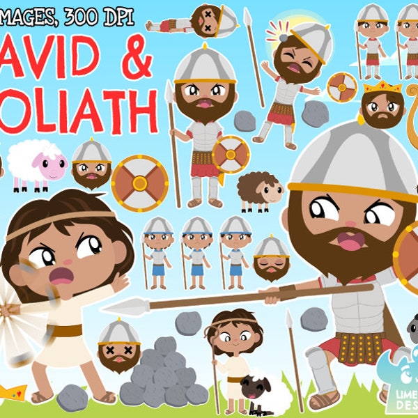 David & Goliath Clipart, Instant Download Art, Bible Stories, Religion, Religious, Harp, Philistine, Israelite, King, Sling, Biblical