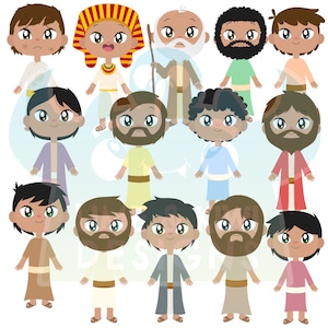 May include: A set of 14 cartoon illustrations of people wearing different styles of clothing. The people are all smiling and have large eyes. The illustrations are in a variety of colors, including blue, green, red, yellow, and brown.