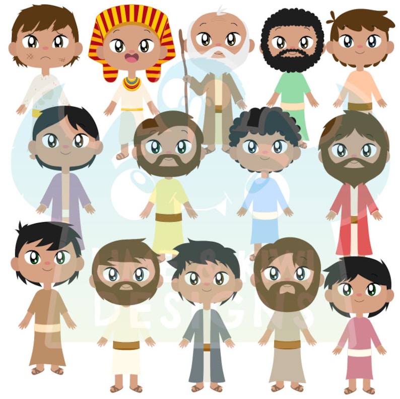 May include: A set of 14 cartoon illustrations of people wearing different styles of clothing. The people are all smiling and have large eyes. The illustrations are in a variety of colors, including blue, green, red, yellow, and brown.