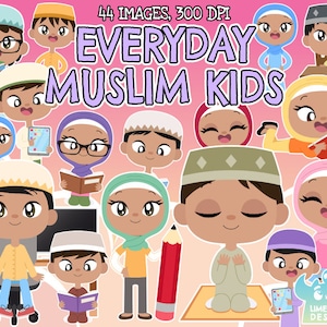Everyday Muslim Kids Clipart, Black and White, Digital Stamps, Islamic kids, Children, Kids of the world, Praying kids, Reading, Computer