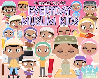 Everyday Muslim Kids Clipart, Black and White, Digital Stamps, Islamic kids, Children, Kids of the world, Praying kids, Reading, Computer