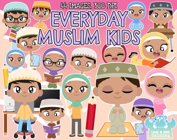 Everyday Muslim Kids Clipart, Black and White, Digital Stamps, Islamic kids, Children, Kids of the world, Praying kids, Reading, Computer