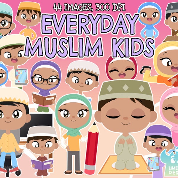 Everyday Muslim Kids Clipart, Black and White, Digital Stamps, Islamic kids, Children, Kids of the world, Praying kids, Reading, Computer