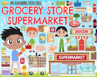 Grocery Store/Supermarket Clipart, Instant Download Art, Food, Fruit, Vegetables, Milk, Meat, Trolley, Basket, Shelf, Soda, Wine, Can