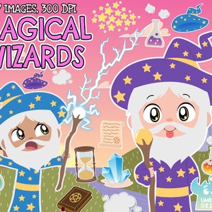 May include: A set of 27 digital illustrations featuring magical wizards with stars, potions, and other magical elements. The text "MAGICAL WIZARDS" is at the top of the image.