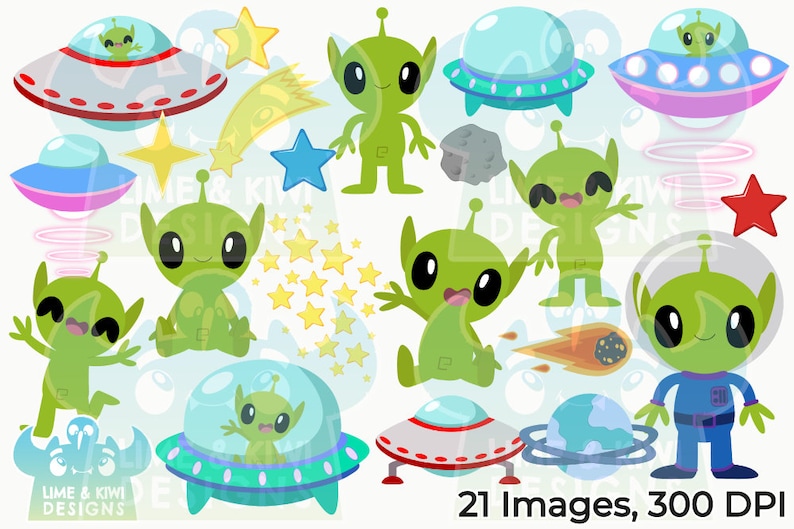 Puede incluir: Un conjunto de 21 ilustraciones digitales con adorables extraterrestres verdes, naves espaciales, estrellas y otros elementos con tem&aacute;tica espacial. Las ilustraciones son de estilo de dibujos animados y son perfectas para usar en scrapbooking digital, creaci&oacute;n de tarjetas y otros proyectos creativos.
