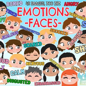 Emociones - Caras Clipart, Blanco y Negro, Sellos Digitales, Uso Comercial, Expresiones Faciales, Caras de Niños, Feliz, Triste, Enojado, Tonto, Nervioso