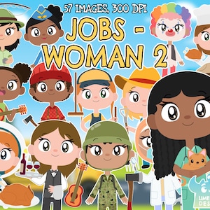 Jobs Occupations - Woman 2 Clipart, Black and White, Digital Stamps, Woman jobs, Woman Occupations, Employment, Vet, Astronaut, Chef, Farmer