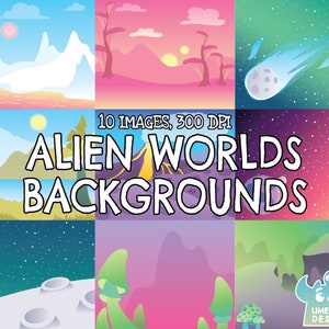 May include: A set of ten digital illustrations depicting alien world backgrounds. The images feature diverse landscapes with vivid colours, including mountains, planets, and celestial elements. The text "ALIEN WORLDS BACKGROUNDS" is displayed in the centre.