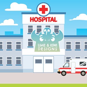 May include: A cartoon illustration of a hospital building with a red cross on top. The building has a sign that says "HOSPITAL" and a smaller sign that says "LIME & KIWI DESIGNS". There is an ambulance parked in front of the building.