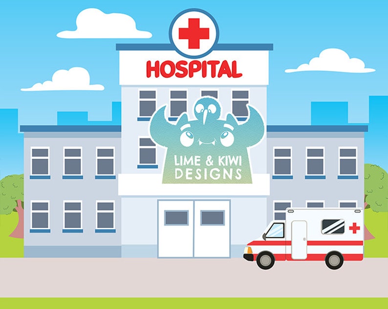 May include: A cartoon illustration of a hospital building with a red cross on top. The building has a sign that says "HOSPITAL" and a smaller sign that says "LIME & KIWI DESIGNS". There is an ambulance parked in front of the building.