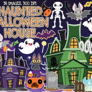 Haunted Halloween House Clipart, Black and White, Digital Stamps, Pumpkin, Gravestone, Trick or treat, Sweets, Candy, Dead Tree, Ghost