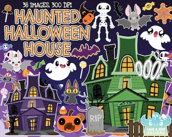 Op de afbeelding: Een set van 38 digitale Halloween-illustraties met een spookhuis, geesten, vleermuizen, spinnen, snoepjes en andere griezelige elementen. De illustraties zijn in cartoon-stijl en perfect voor het maken van Halloween-knutselwerk, kaarten en andere projecten.