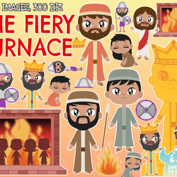 The Fiery Furnace Clipart, Black and White, Digital Stamps, Shadrach, Meshach, Abednego, King Nebuchadnezzar, Bible stories, Biblical, Jesus