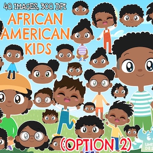 African American Kids (Option 2) Clipart, Black and White, Digital Stamps, Commercial Use Clip Art, Boy, Girl, Children Kids of the World