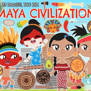 Maya/Mayan Civilization Clipart, Black and White, Digital Stamps, Pyramid, Mask, Shield, Mexican, Yucatan Mesoamerican Mexico Mayan Calendar
