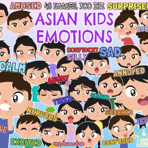 Asian Kids Emotions Clipart, Black and White, Digital Stamps, Facial Expressions, Kids Faces, Happy, Sad, Angry, Silly Nervous Body language