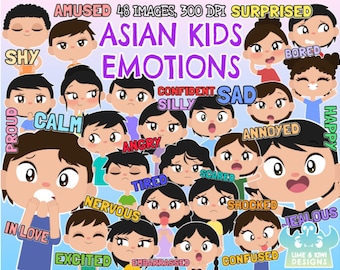 Asian Kids Emotions Clipart, Instant Download, Facial Expressions, Kids Faces, Happy, Sad, Angry, Silly, Nervous, Children Body language