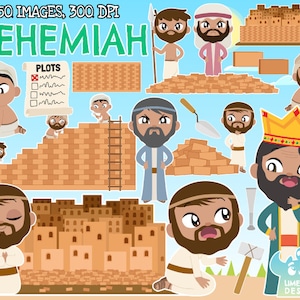 Nehemiah Clipart, Black and White, Digital Stamps, Bible, Biblical, God, Persian King, Jerusalem, Ruined wall, Brick, Holy city, Hammer