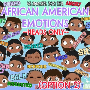 African American Kids Emotions - Faces (Option 2) Clipart, Black and White, Digital Stamps, Facial Expressions, Kids Faces, Happy, Sad Angry