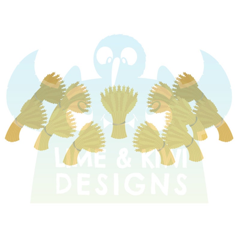 May include: A digital illustration of a ghost with a light blue background. The ghost is surrounded by six bundles of wheat, tied with string. The text "LIME & KIWI DESIGNS" is at the bottom of the image.
