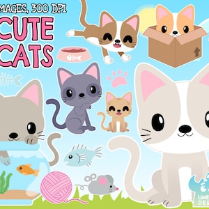 Cute Cats Clipart, Black and White, Digital Stamps, Feline, Cute Kitten, Cat images, Kitty clipart, Household pet, Cardboard box, Fishbowl