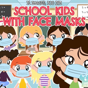 School Kids with Face Masks Clipart, Black and White, Digital Stamps, Commercial Clip Art, Boy, Girl, Child, Children, Education Whiteboard
