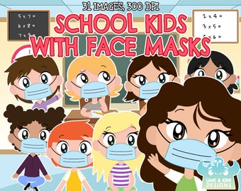 Niños de la escuela con imágenes prediseñadas de máscaras faciales, arte de descarga instantánea, imágenes prediseñadas de uso comercial, niño, niña, niño, niños, pizarra educativa