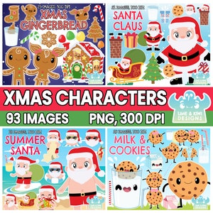 Christmas Characters Clipart Bundle 1, Black and White, Digital Stamps, Santa Claus, Mrs. Claus, Milk and Cookies, Christmas Gingerbread