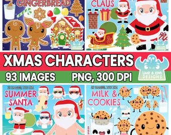 Christmas Characters Clipart Bundle 1, Santa Claus, Mrs. Claus, Milk and Cookies, Christmas Gingerbread People Christmas Mice Santa's Sleigh
