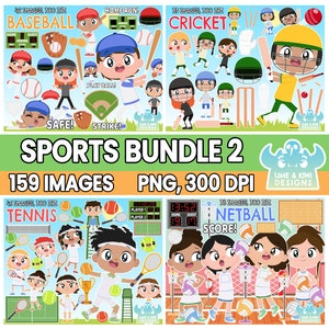 Sports Clipart Bundle 2, Black and White, Digital Stamps, Soccer, Cricket, Netball, Tennis, Baseball, Ball sports, Field, Pitch, Team sports