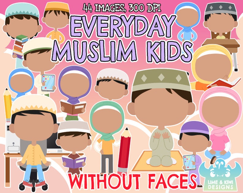 May include: A set of 44 digital illustrations of Muslim children without faces. The illustrations are in a cartoon style and feature children wearing various clothing and engaging in different activities. The illustrations are perfect for creating educational materials, children's books, or other creative projects.