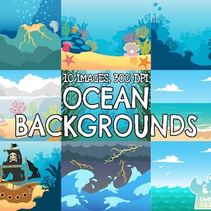 Ocean Backgrounds Clipart, Black and White, Digital Stamps, Commercial Clip Art, Beach, Kelp forest, Sea, Volcano, Storm Shipwreck Rock pool