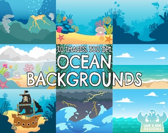 Ocean Backgrounds Clipart, Black and White, Digital Stamps, Commercial Clip Art, Beach, Kelp forest, Sea, Volcano, Storm Shipwreck Rock pool