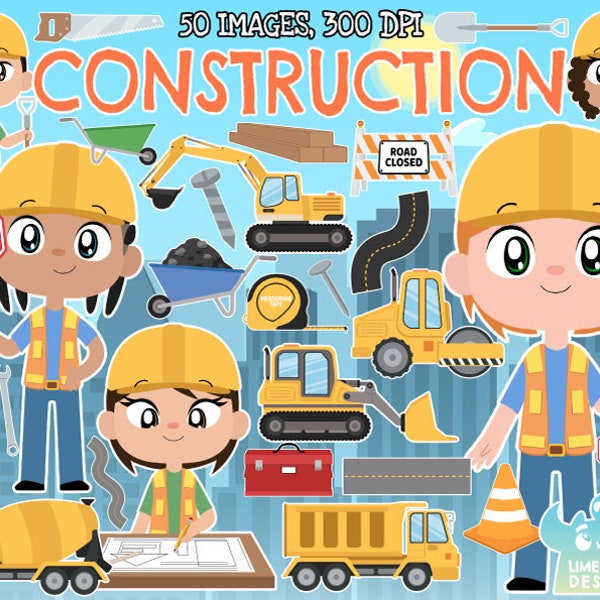 Construction clipart, Black and White, Digital Stamps, Digger, Roller, Bulldozer, Road, Dump truck, Hammer, Nail, Saw, Construction worker