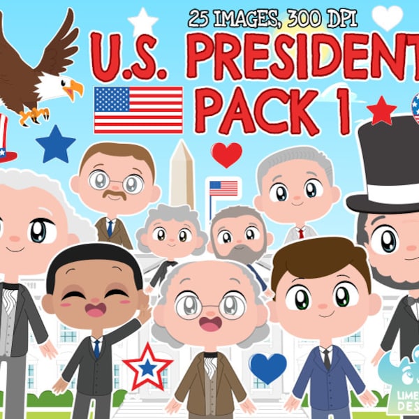 U.S. Presidents/Founding Fathers Clipart - Pack 1, Instant Download, Presidents Day, United States Presidents, Whitehouse USA Stars, Stripes