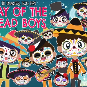 Day of the Dead Boys Clipart, schwarz weiß, digitale Briefmarken, Werbung, Dista de Muertos, Sugar Skulls, Mexikanisch, Mexiko, Rose, Skull Gitarre