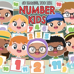 May include: A set of 60 colorful cartoon images featuring children holding number cards. The children are diverse and have different skin tones, hair colors, and clothing. The numbers are displayed on white cards with a colorful border. The title "NUMBER KIDS" is displayed at the top of the image.