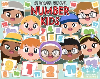 Number Kids Clipart, Black and White, Digital Stamps, Counting Kids, Learning Kids, School Kids, Numeracy, Maths Kids, Caucasian kids
