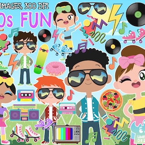 80s Fun Clipart, Black and White, Digital Stamps, Lightning, 80s style, 80s fashion, Cassette tape, Vinyl record, Skateboard Squiggles Pizza