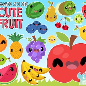 Cute Fruit Clipart, Black and White, Digital Stamps, Produce, Apple, Orange, Banana, Grapes, Watermelon, Strawberry, Pineapple, Blueberry