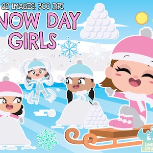 雪の日の女の子のクリップアート、白黒、デジタルスタンプ、冬、クリスマス、雪の結晶、そり、雪玉、クリスマス、雪の天使、雪玉の降雪