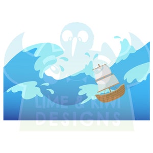 Peut inclure: Un petit voilier en bois avec une voile blanche est pris dans une grosse vague bleue. La vague s'abat sur le bateau, et on aper&ccedil;oit &agrave; peine un poulpe en arri&egrave;re-plan.