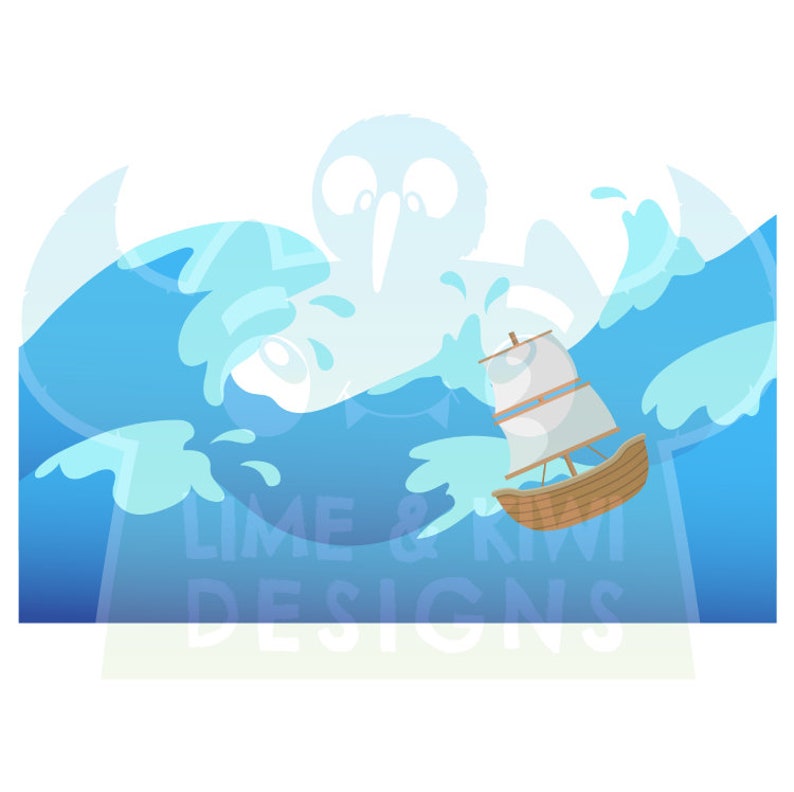 Peut inclure: Un petit voilier en bois avec une voile blanche est pris dans une grosse vague bleue. La vague s'abat sur le bateau, et on aper&ccedil;oit &agrave; peine un poulpe en arri&egrave;re-plan.