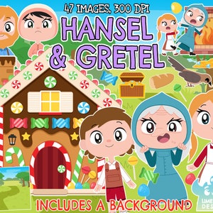 May include: A colourful illustration set featuring Hansel and Gretel characters, a gingerbread house, a witch, and other elements from the fairy tale. The set includes 47 images and is 300 DPI.