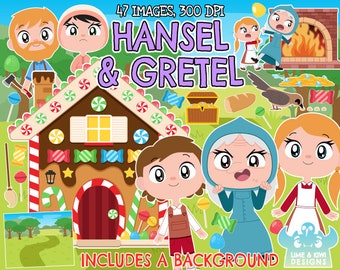 Hansel and Gretel Clipart, Black and White, Digital Stamps, Fairy tale, Brothers Grimm, German fairy tale, Witch, Candy, Sweets, Chocolate