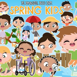 Spring Kids clipart, Black and White, Digital Stamps, Seasons, Flowers, Wheelchair, Tree branch, Magnifying glass, Raincoat, Umbrella